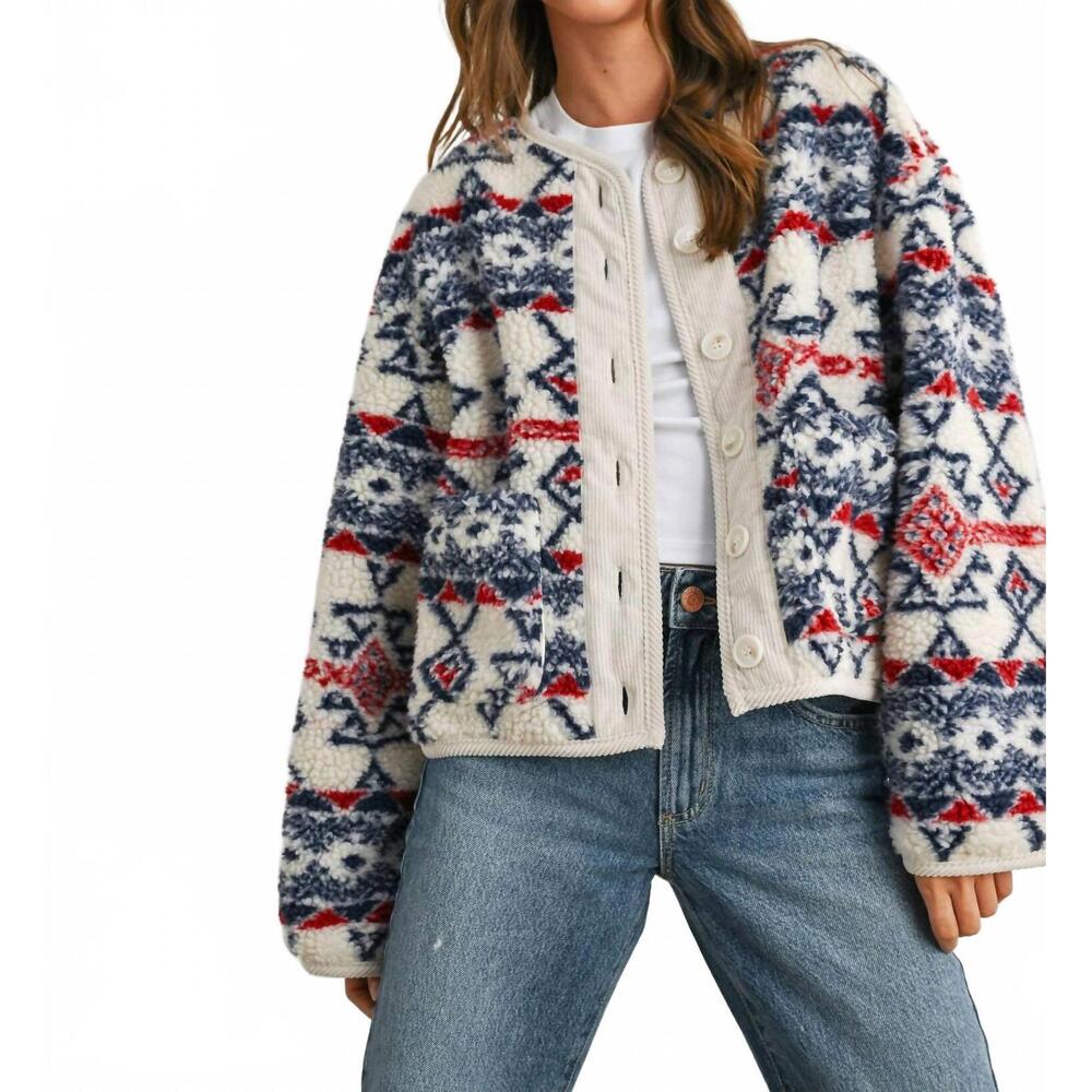 NEW BUTTERMELON cora fleece long sleeve jacket in ivory / navy